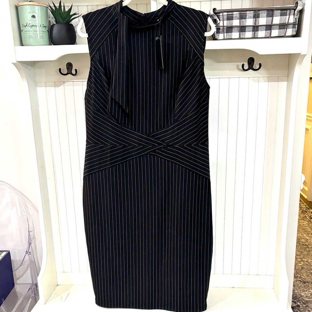 NWT Black White Pinstripe Fitted Stretchy Dress XXL Cocktail Formal /Office Work - Picture 3 of 13